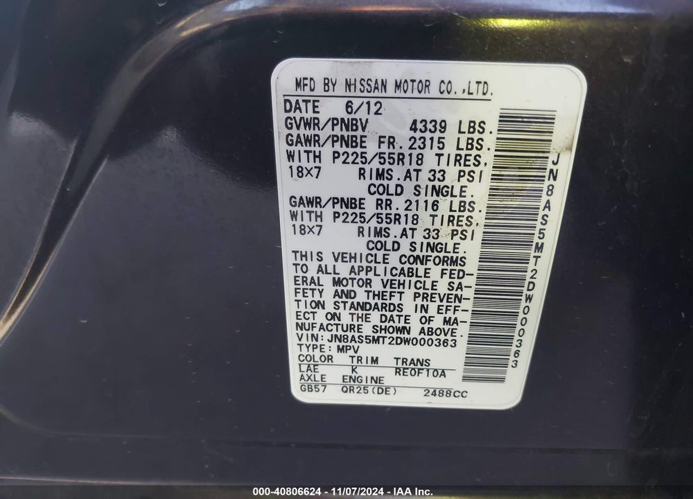 2013 NISSAN ROGUE SV W/SL PKG VIN: JN8AS5MT2DW000363