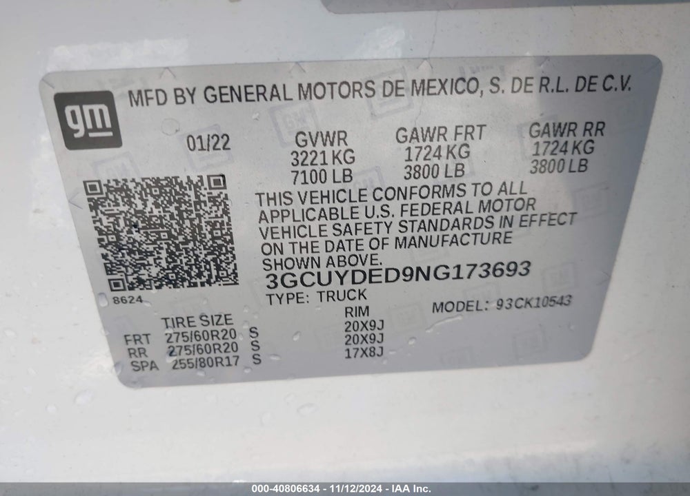 2022 CHEVROLET SILVERADO 1500 LTD VIN: 3GCUYDED9NG173693