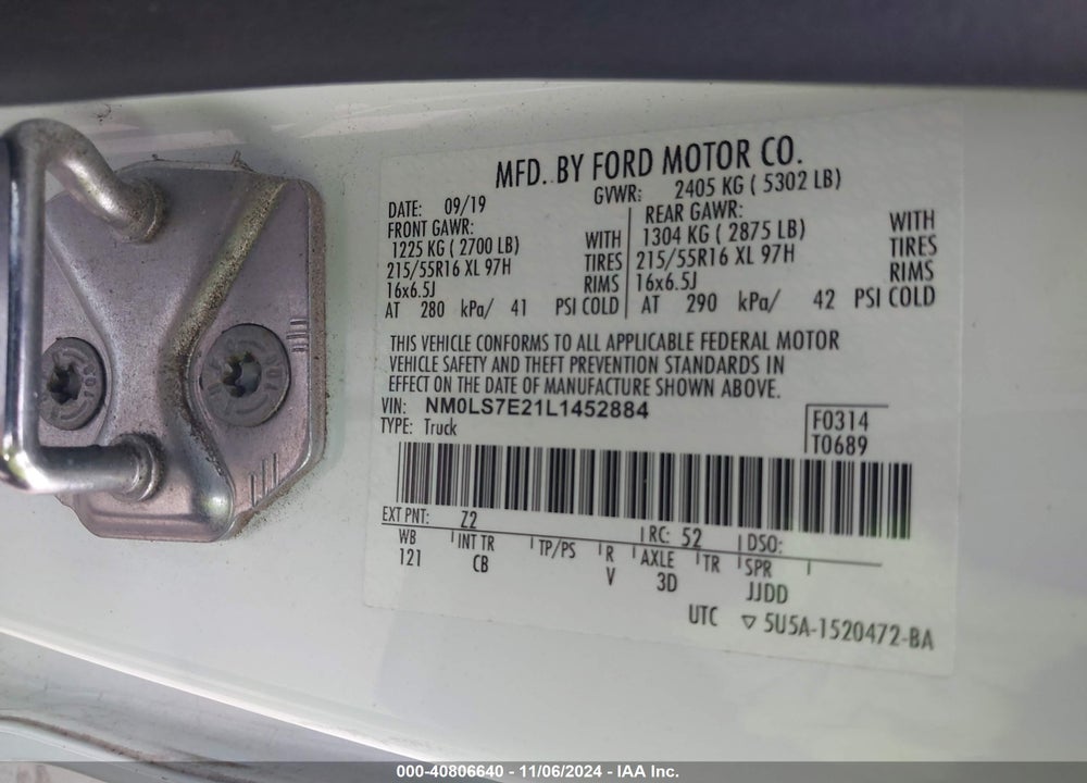 2020 FORD TRANSIT CONNECT XL CARGO VAN VIN: NM0LS7E21L1452884