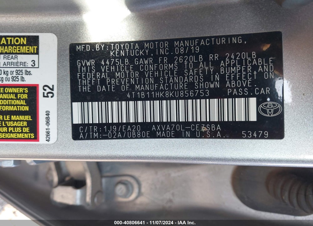 2019 TOYOTA CAMRY SE VIN: 4T1B11HK8KU856753