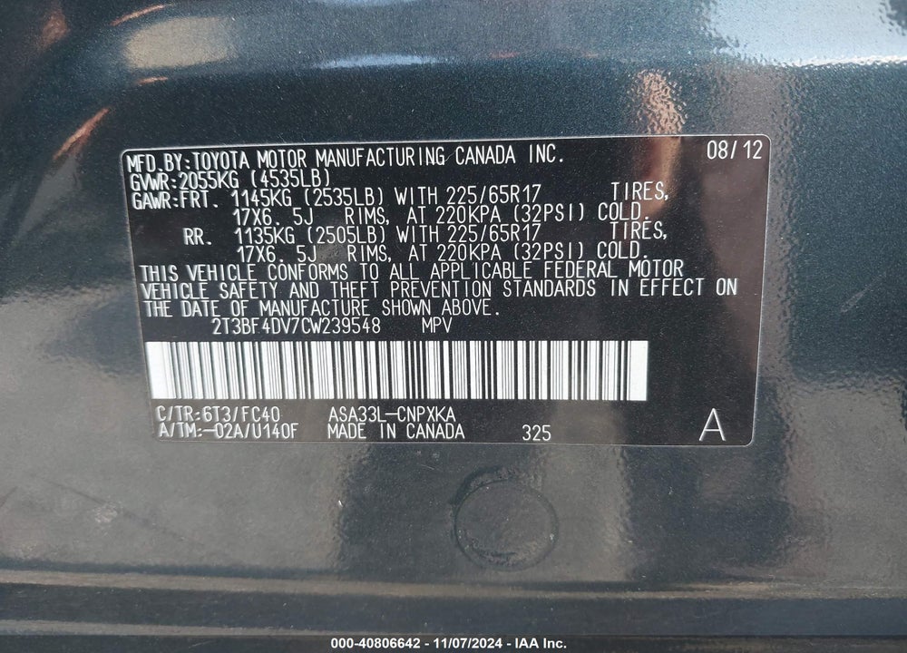 2012 TOYOTA RAV4 VIN: 2T3BF4DV7CW239548