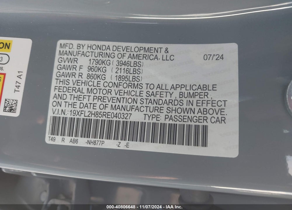 2024 HONDA CIVIC SPORT VIN: 19XFL2H85RE040327