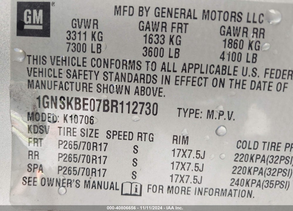 2011 CHEVROLET TAHOE LT VIN: 1GNSKBE07BR112730
