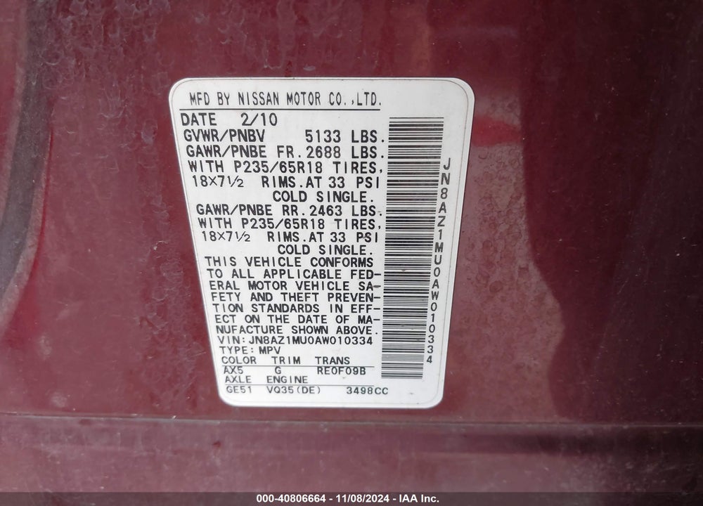 2010 NISSAN MURANO SL VIN: JN8AZ1MU0AW010334