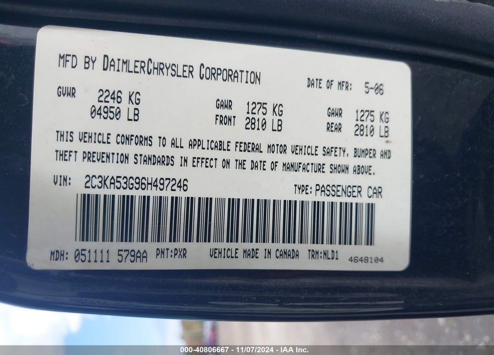 2006 CHRYSLER 300 TOURING VIN: 2C3KA53G96H497246