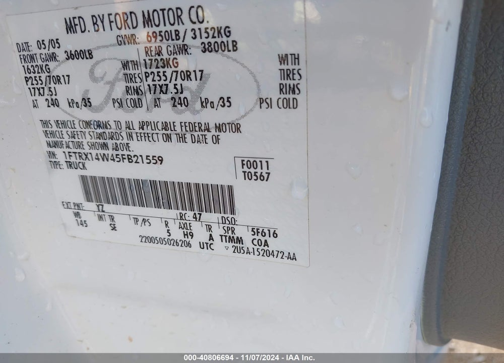 2005 FORD F-150 STX/XL/XLT VIN: 1FTRX14W45FB21559
