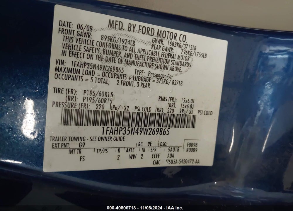 2009 FORD FOCUS SE VIN: 1FAHP35N49W269865