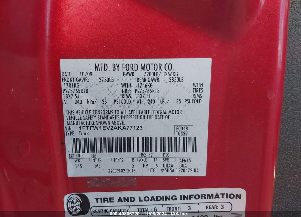2010 FORD F-150 FX4/HARLEY-DAVIDSON/KING RANCH/LARIAT/PLATINUM/XL/XLT VIN: 1FTFW1EV2AKA77123
