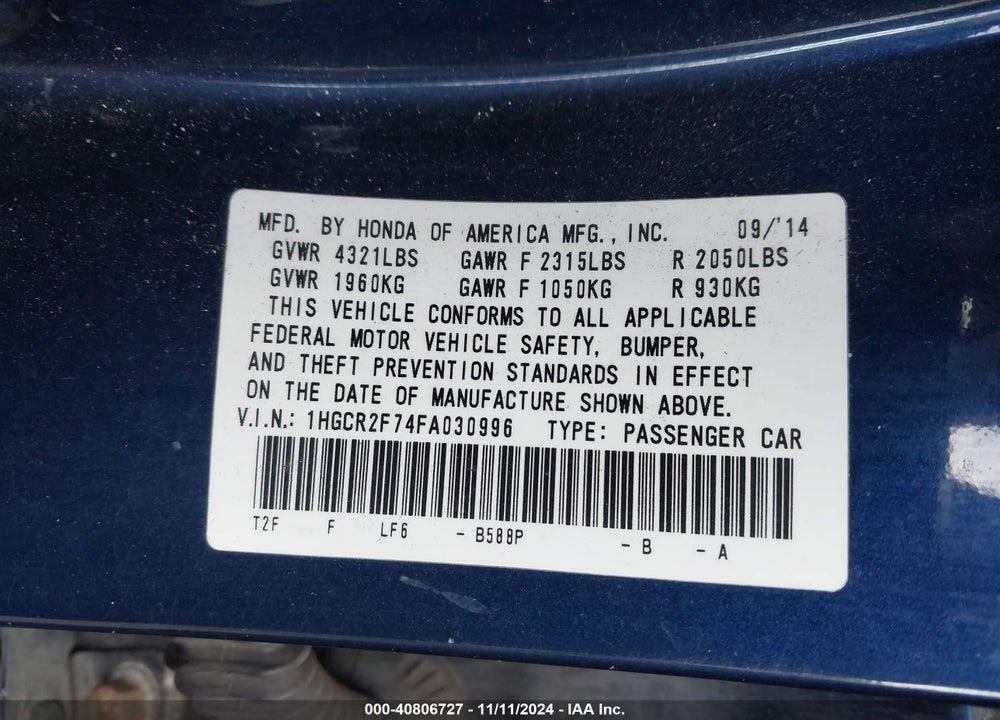 2015 HONDA ACCORD EX VIN: 1HGCR2F74FA030996