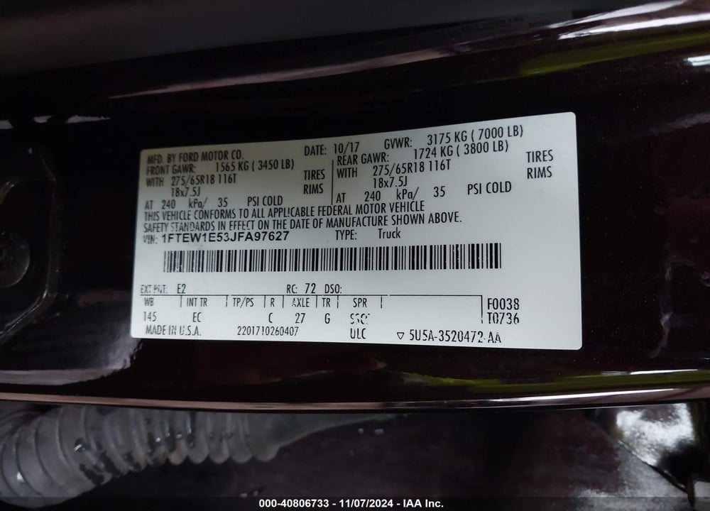 2018 FORD F-150 LARIAT VIN: 1FTEW1E53JFA97627