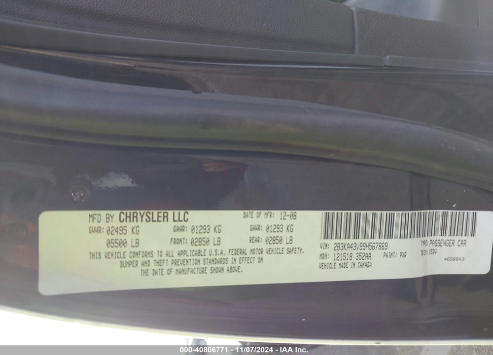 2009 DODGE CHARGER VIN: 2B3KA43V99H567869