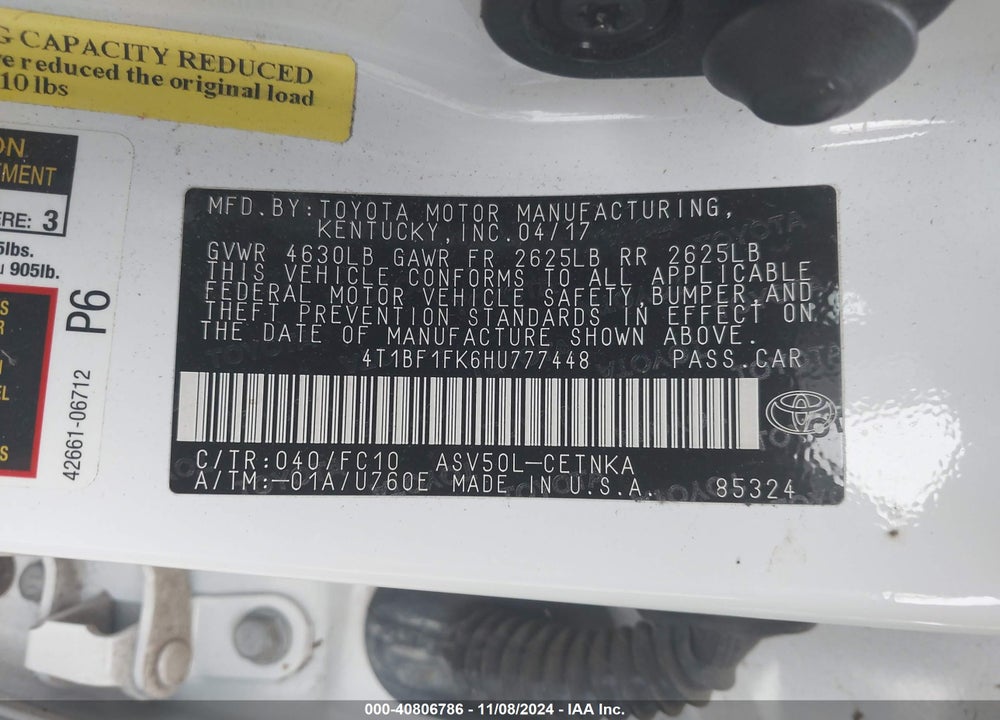 2017 TOYOTA CAMRY LE VIN: 4T1BF1FK6HU777448