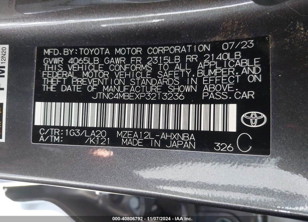 2023 TOYOTA COROLLA XSE VIN: JTNC4MBEXP3213236