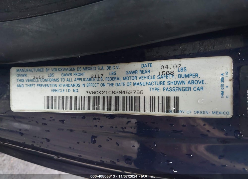 2002 VOLKSWAGEN NEW BEETLE GLS VIN: 3VWCK21C82M452755
