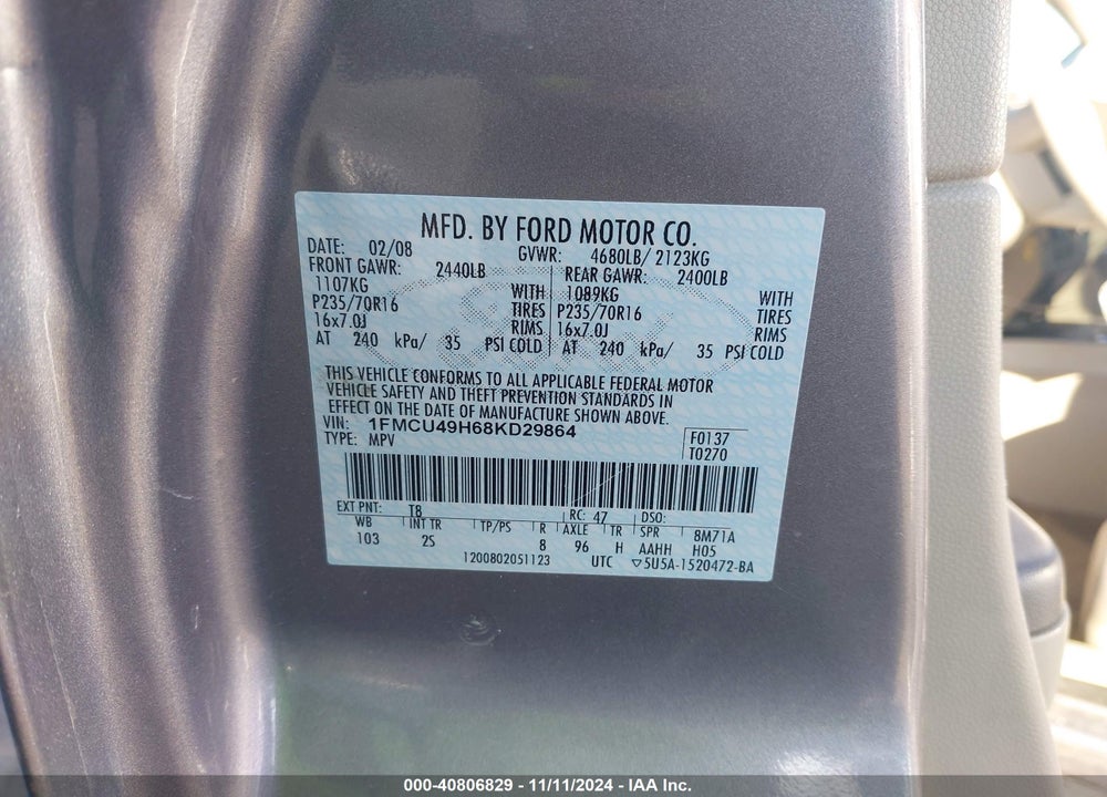2008 FORD ESCAPE HYBRID VIN: 1FMCU49H68KD29864