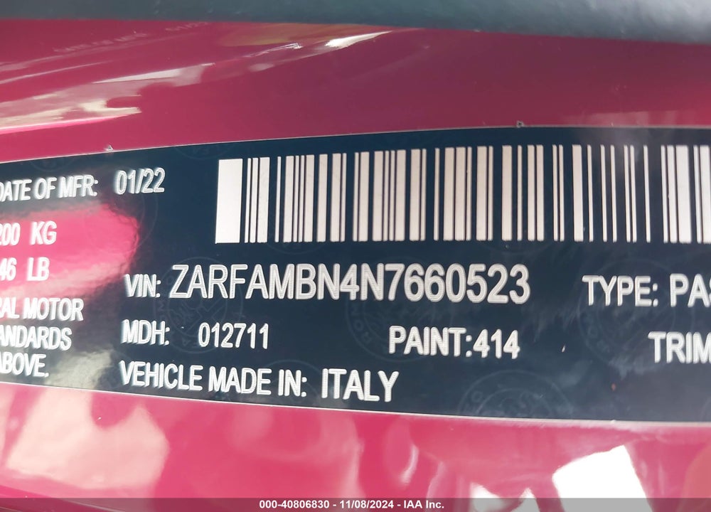 2022 ALFA ROMEO GIULIA VELOCE TI RWD VIN: ZARFAMBN4N7660523