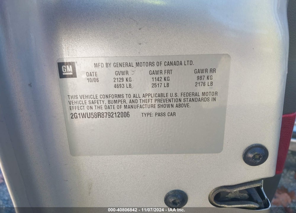 2007 CHEVROLET IMPALA LTZ VIN: 2G1WU58R879212006