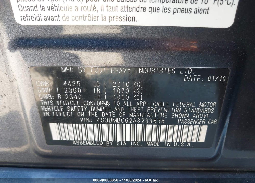 2010 SUBARU LEGACY VIN: 4S3BMBC62A3233838
