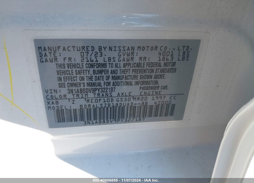 2023 NISSAN SENTRA SR XTRONIC CVT VIN: 3N1AB8DV9PY322187