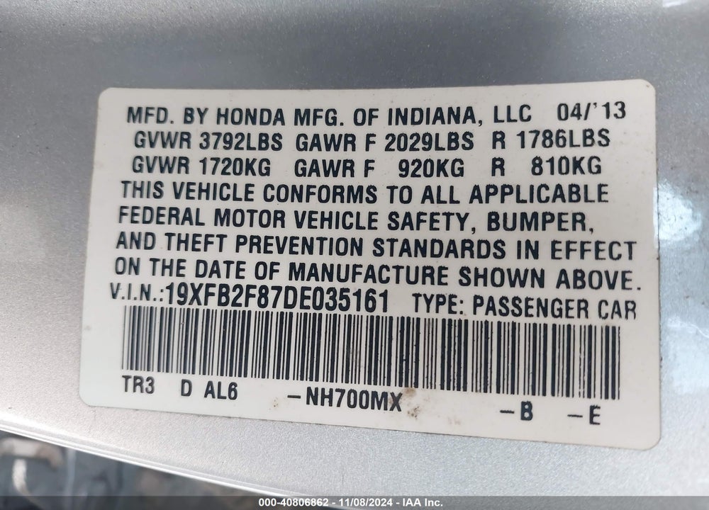 2013 HONDA CIVIC EX VIN: 19XFB2F87DE035161