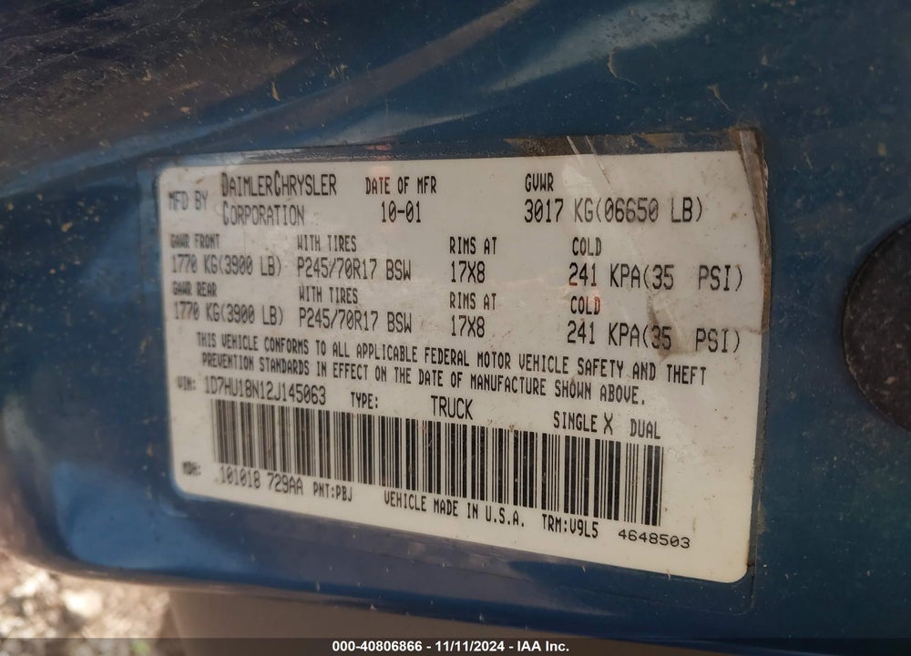 2002 DODGE RAM 1500 ST VIN: 1D7HU18N12J145063