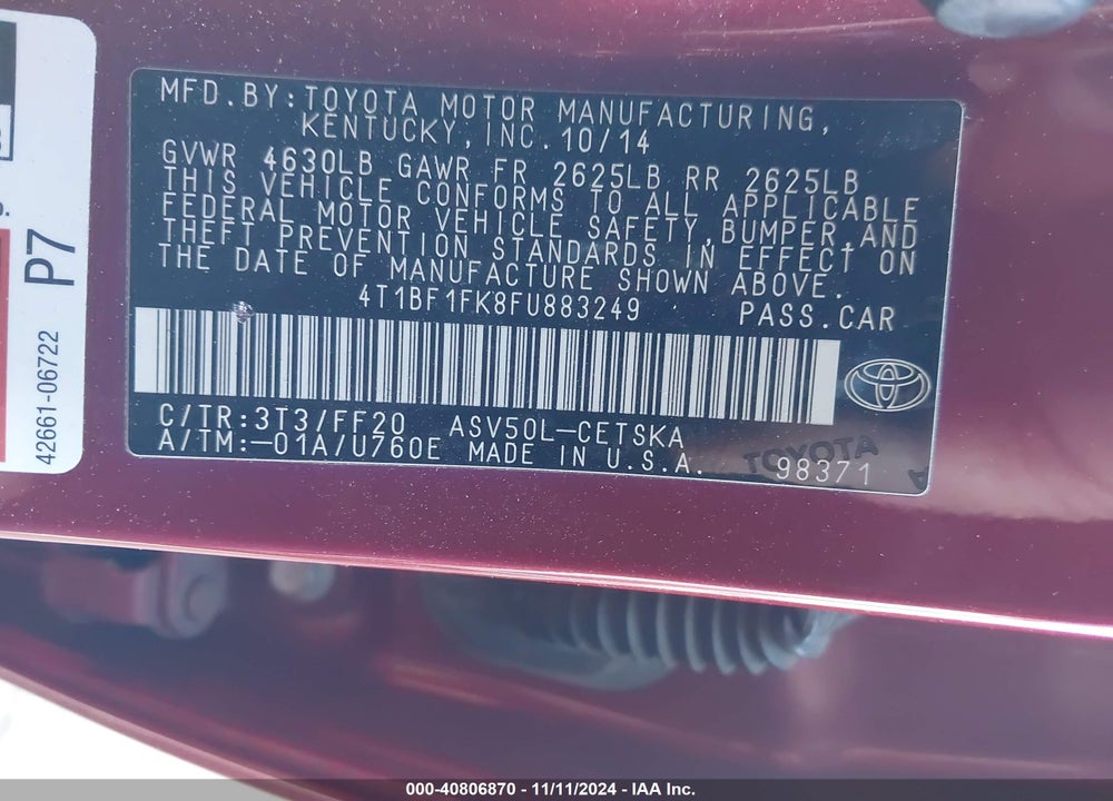 2015 TOYOTA CAMRY SE VIN: 4T1BF1FK8FU883249
