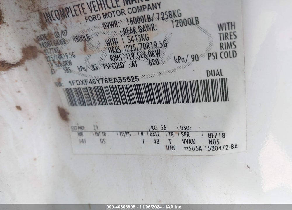 2008 FORD F-450 CHASSIS XL/XLT VIN: 1FDXF46Y78EA55525