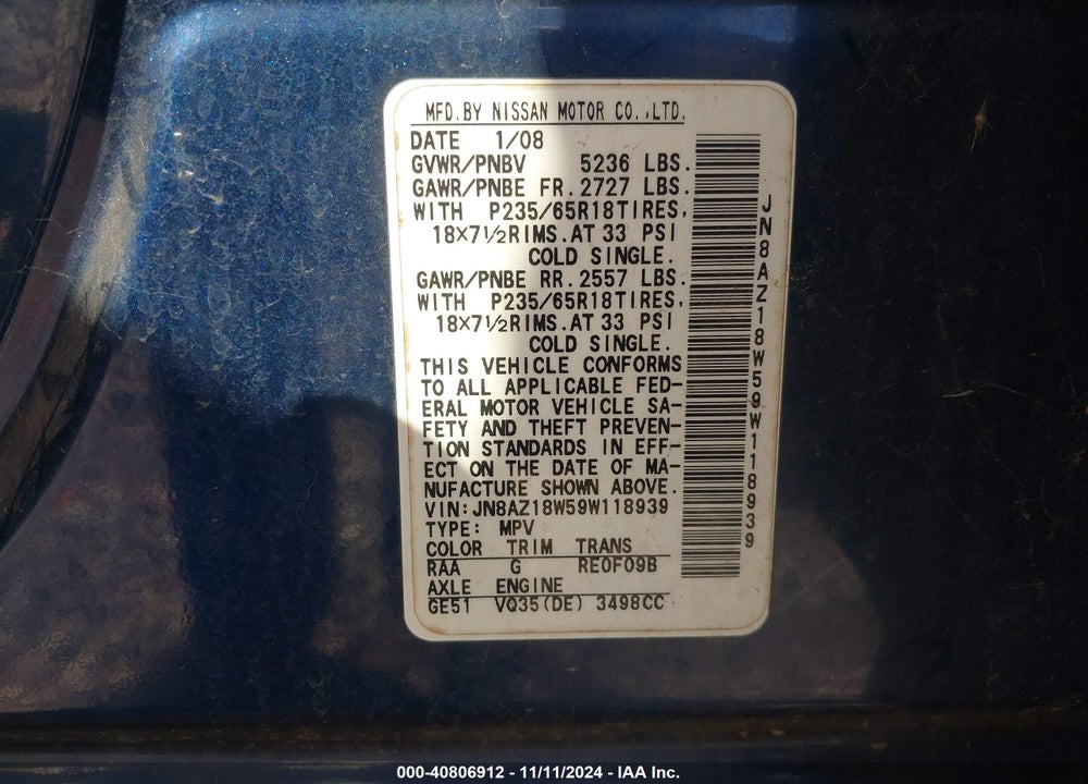 2009 NISSAN MURANO S VIN: JN8AZ18W59W118939
