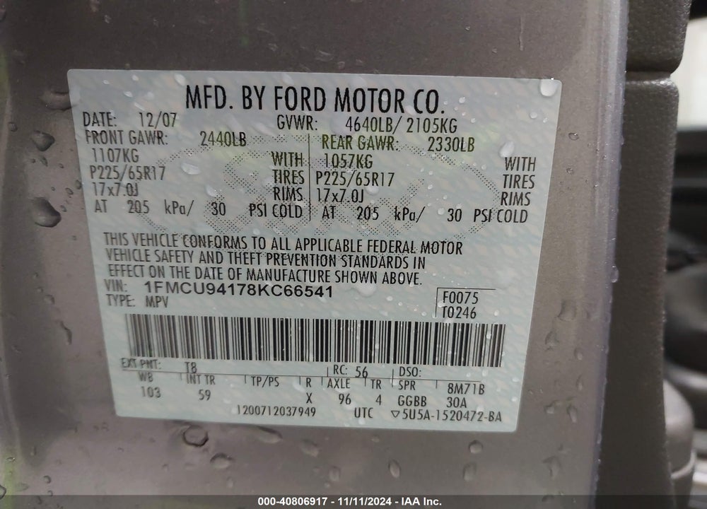 2008 FORD ESCAPE LIMITED VIN: 1FMCU94178KC66541