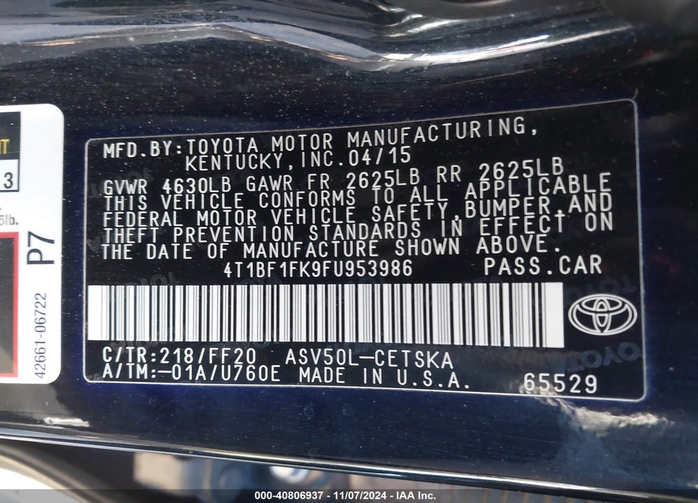 2015 TOYOTA CAMRY SE VIN: 4T1BF1FK9FU953986
