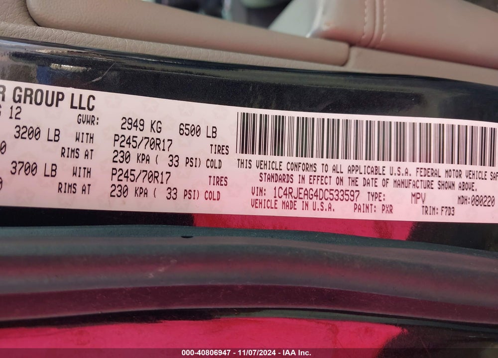 2013 JEEP GRAND CHEROKEE LAREDO VIN: 1C4RJEAG4DC533597