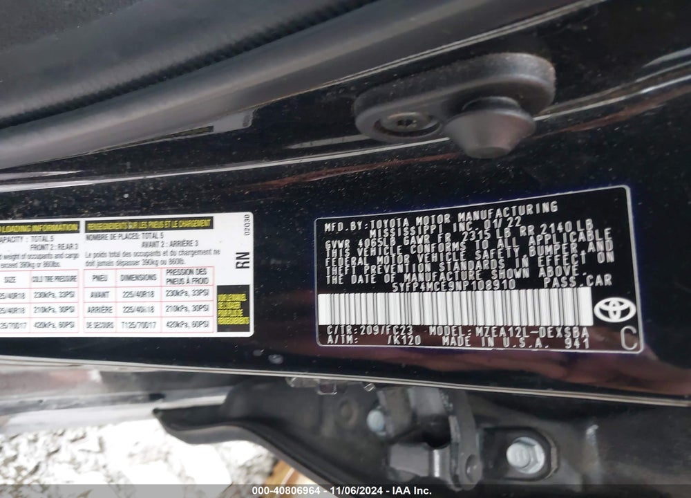 2022 TOYOTA COROLLA SE VIN: 5YFP4MCE9NP108910