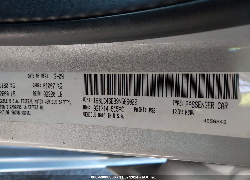 2009 DODGE AVENGER VIN: 1B3LC46B99N566020