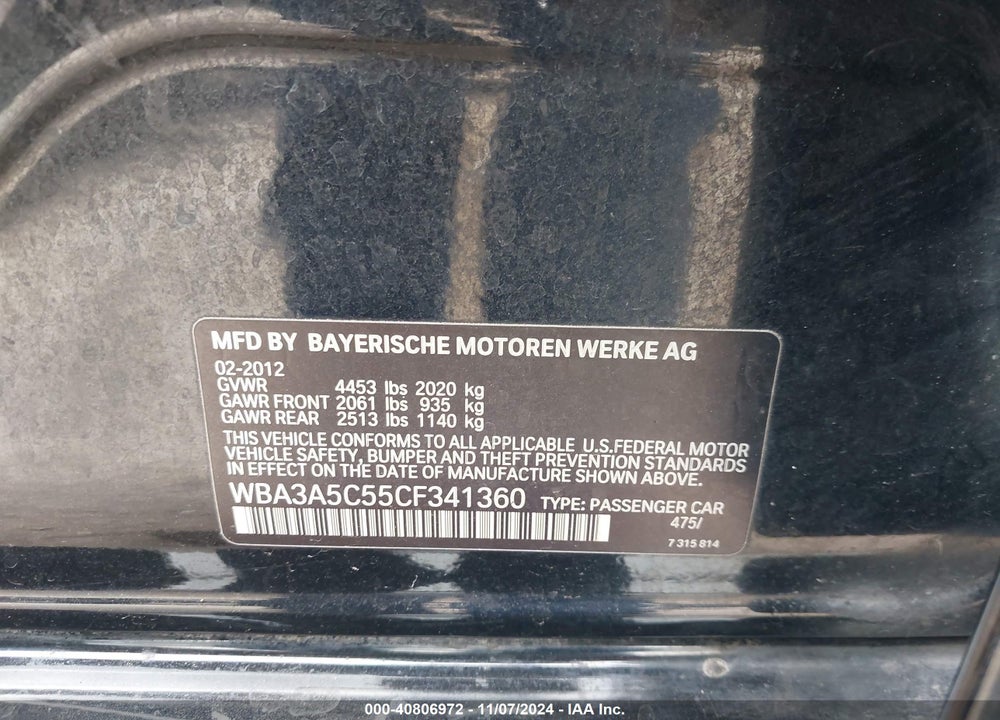 2012 BMW 328I VIN: WBA3A5C55CF341360