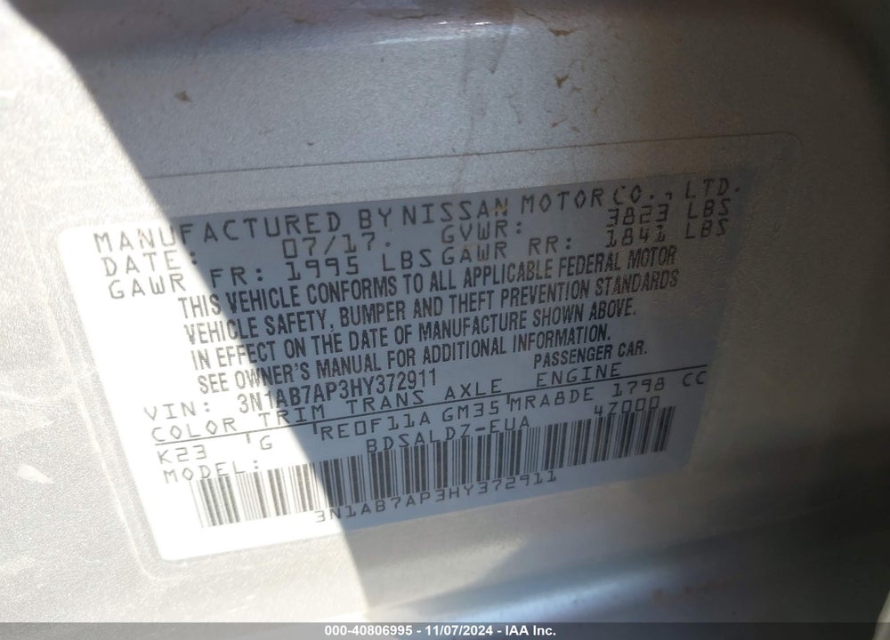 2017 NISSAN SENTRA SV VIN: 3N1AB7AP3HY372911