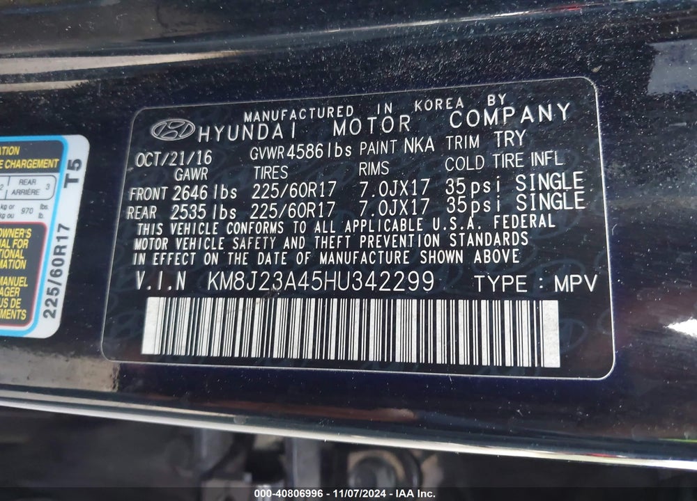 2017 HYUNDAI TUCSON SE VIN: KM8J23A45HU342299