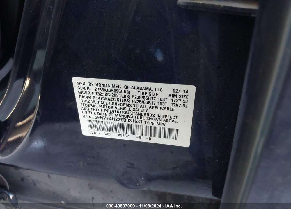 2014 HONDA PILOT VIN: 5FNYF4H22EB031631