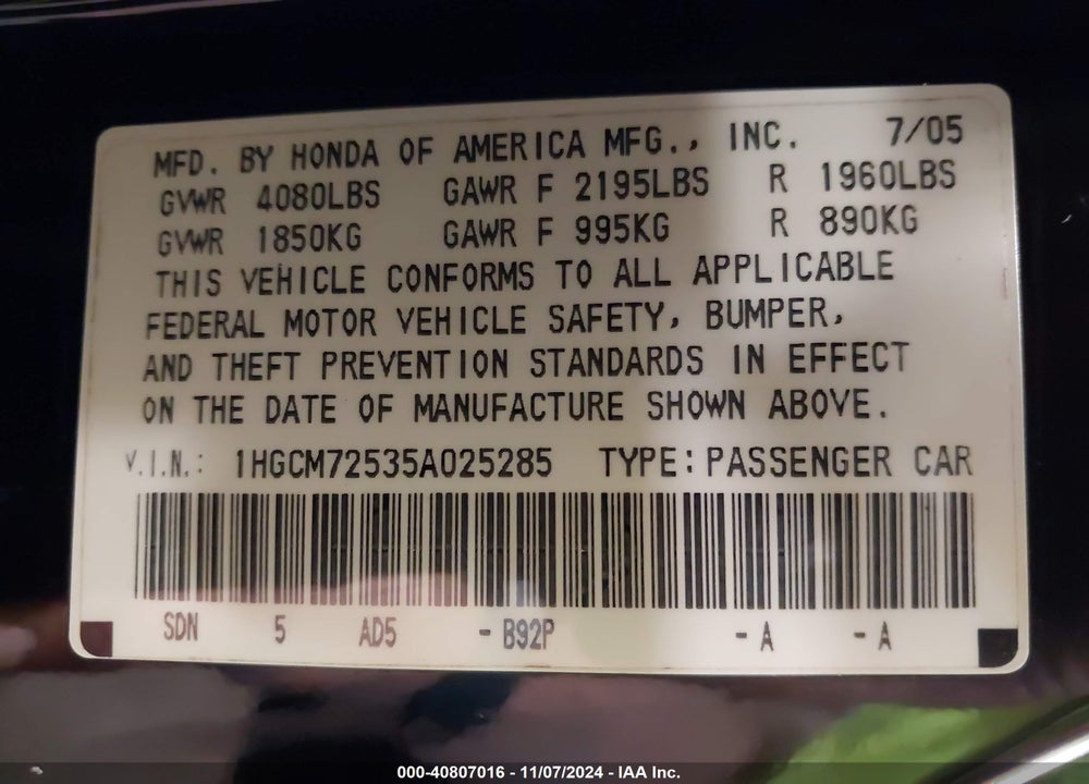 2005 HONDA ACCORD 2.4 LX SPECIAL EDITION VIN: 1HGCM72535A025285