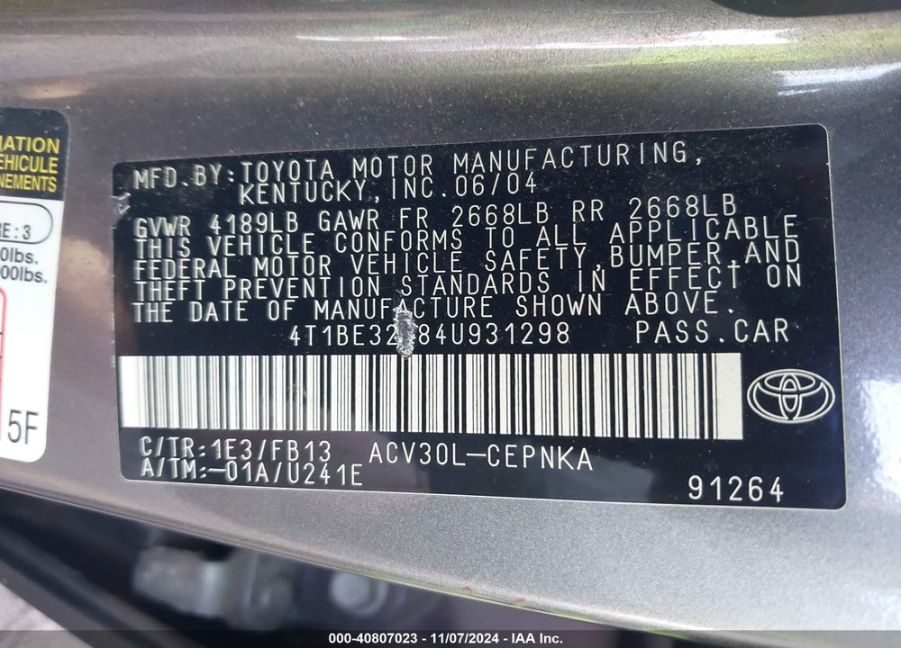 2004 TOYOTA CAMRY LE VIN: 4T1BE32K84U931298