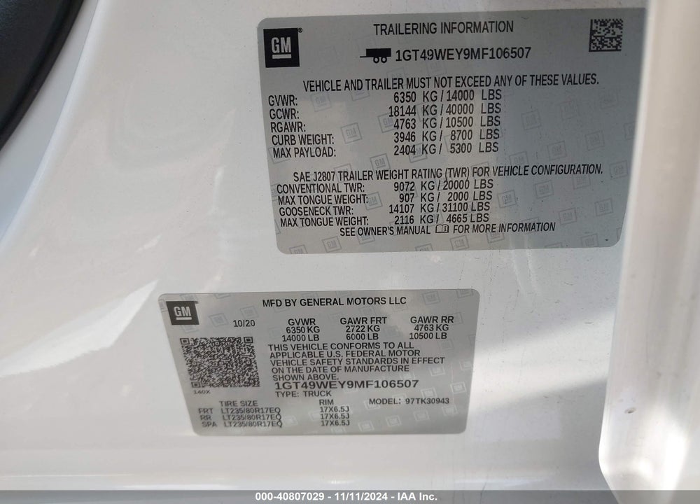 2021 GMC SIERRA 3500HD 4WD  LONG BED DENALI VIN: 1GT49WEY9MF106507