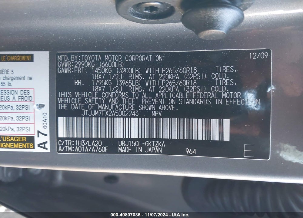 2010 LEXUS 460 PREMIUM VIN: JTJJM7FX2A5002243