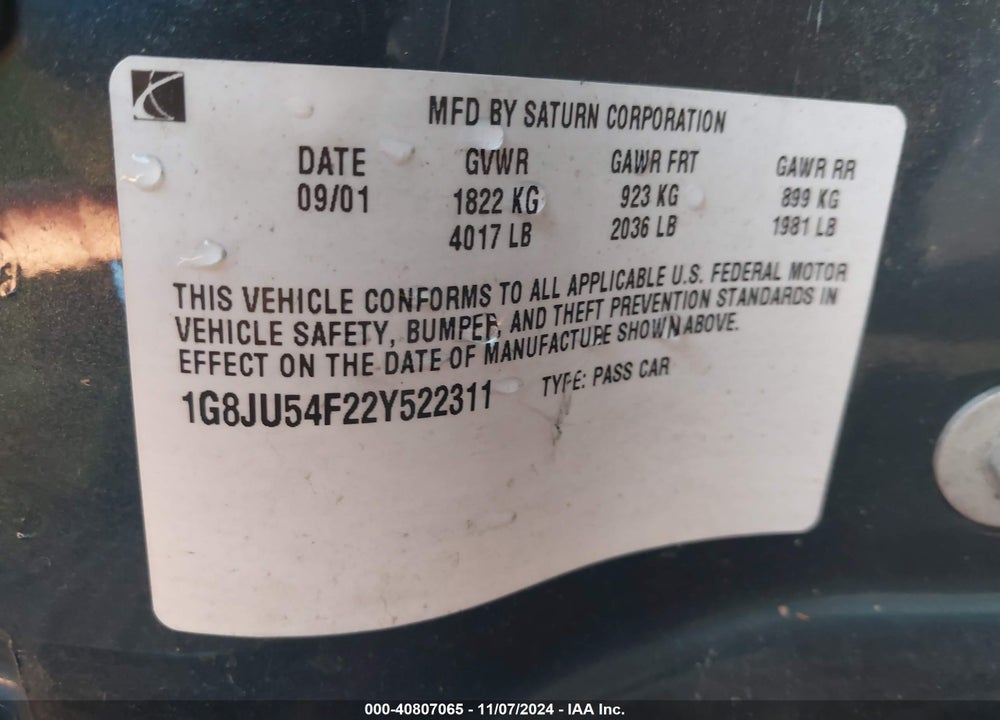 2002 SATURN L-SERIES L200 VIN: 1G8JU54F22Y522311