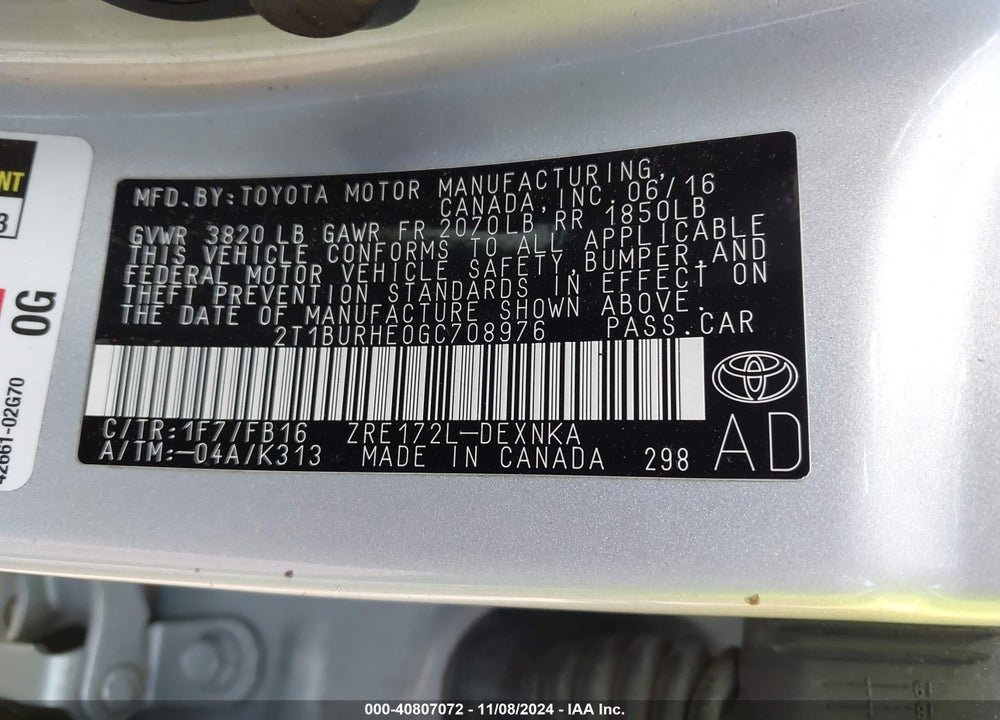 2016 TOYOTA COROLLA LE VIN: 2T1BURHE0GC708976