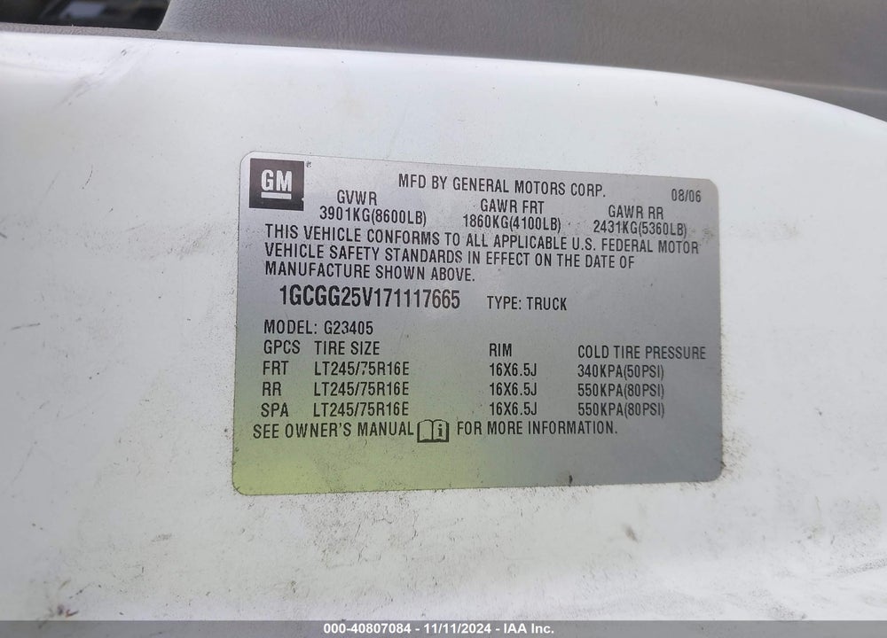 2007 CHEVROLET EXPRESS WORK VAN VIN: 1GCGG25V171117665