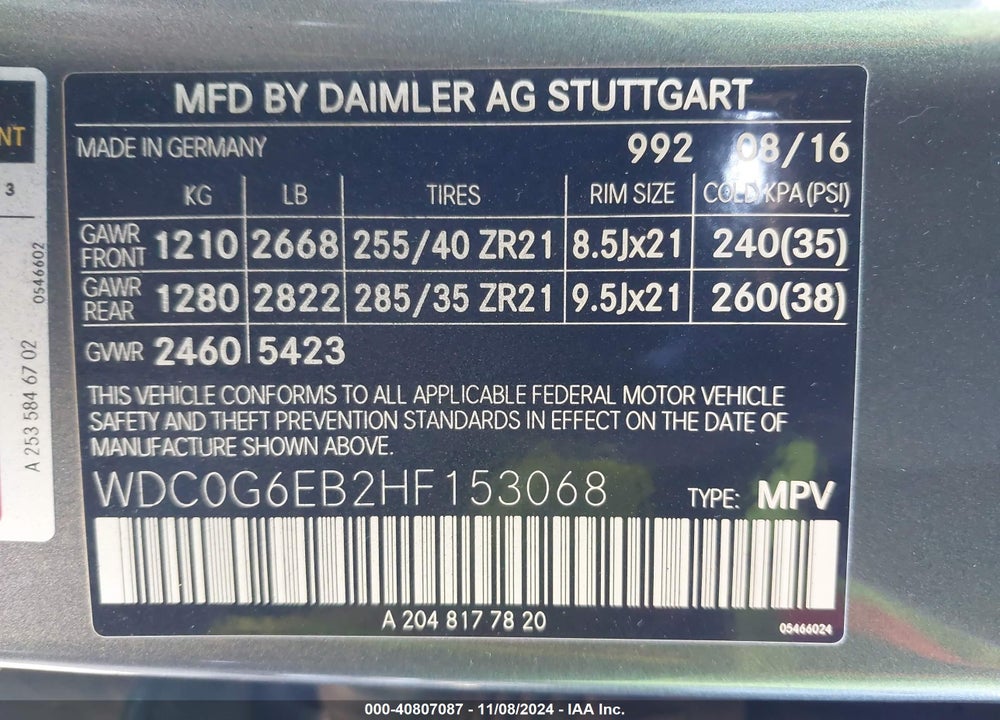 2017 MERCEDES-BENZ AMG GLC 43 4MATIC VIN: WDC0G6EB2HF153068