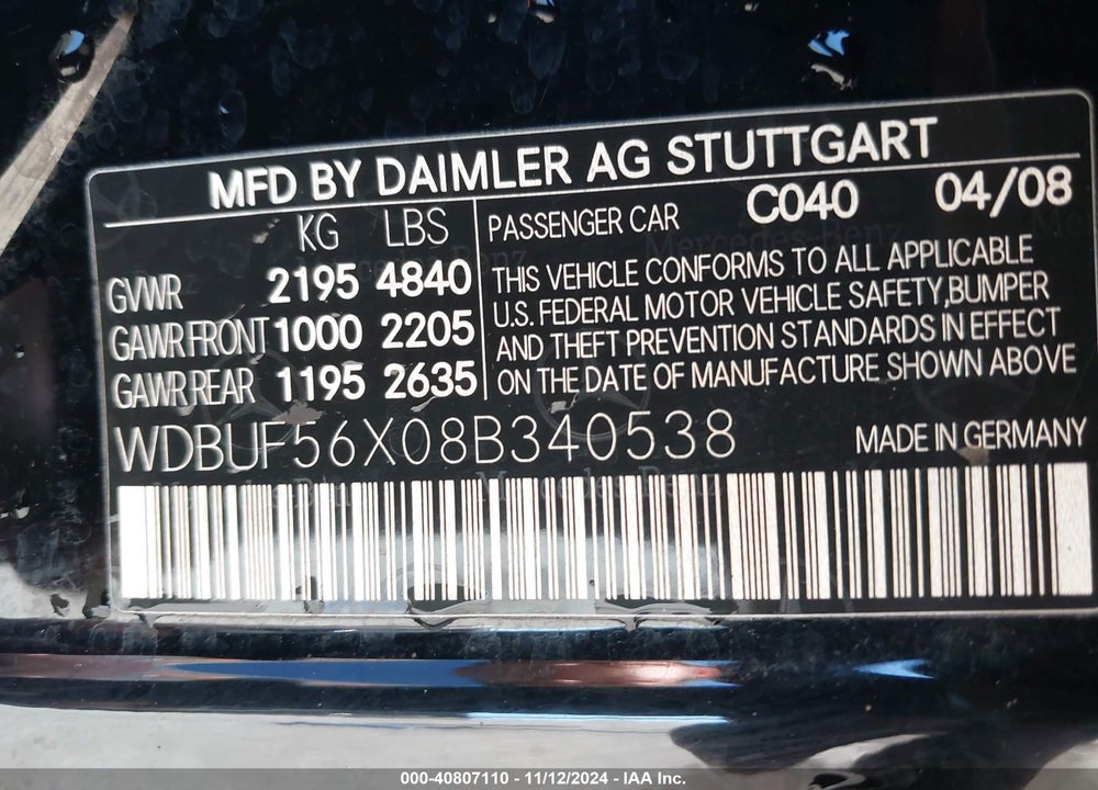 2008 MERCEDES-BENZ E 350 VIN: WDBUF56X08B340538