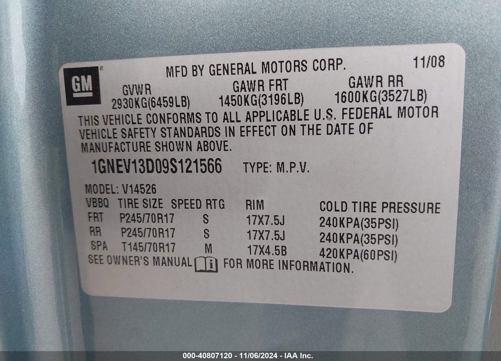 2009 CHEVROLET TRAVERSE LS VIN: 1GNEV13D09S121566