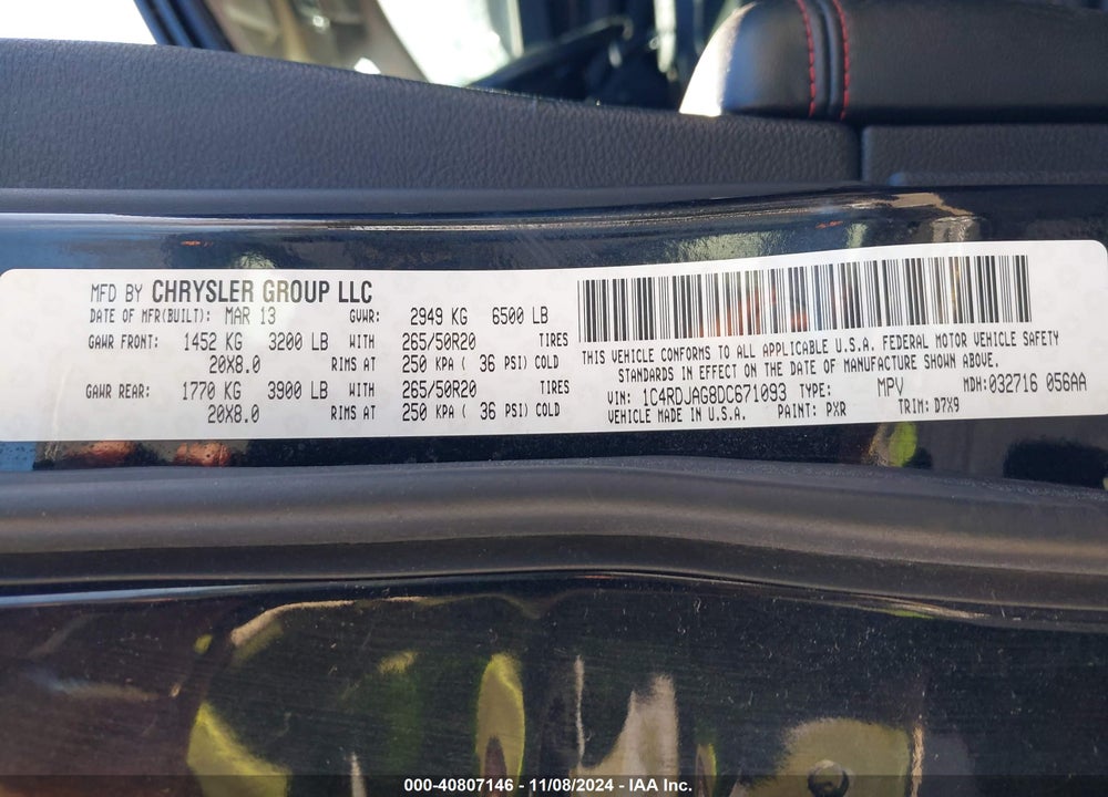 2013 DODGE DURANGO SXT VIN: 1C4RDJAG8DC671093