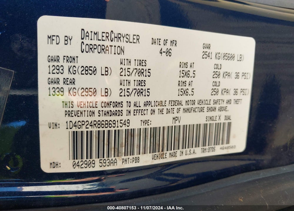 2006 DODGE GRAND CARAVAN SE VIN: 1D4GP24R86B691549