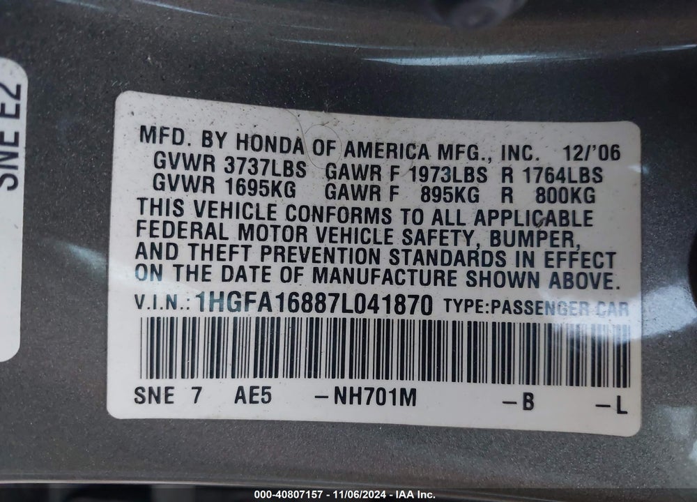 2007 HONDA CIVIC EX VIN: 1HGFA16887L041870